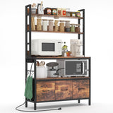 NAIYUFA Kitchen Bakers Rack with Power Outlet,5-Tier Free Standing Storage Shelf Bakers Rack with Baskets,Industrial Microwave Oven Stand,Metal Kitchen Rack Organizer with Hooks NAIYUFA