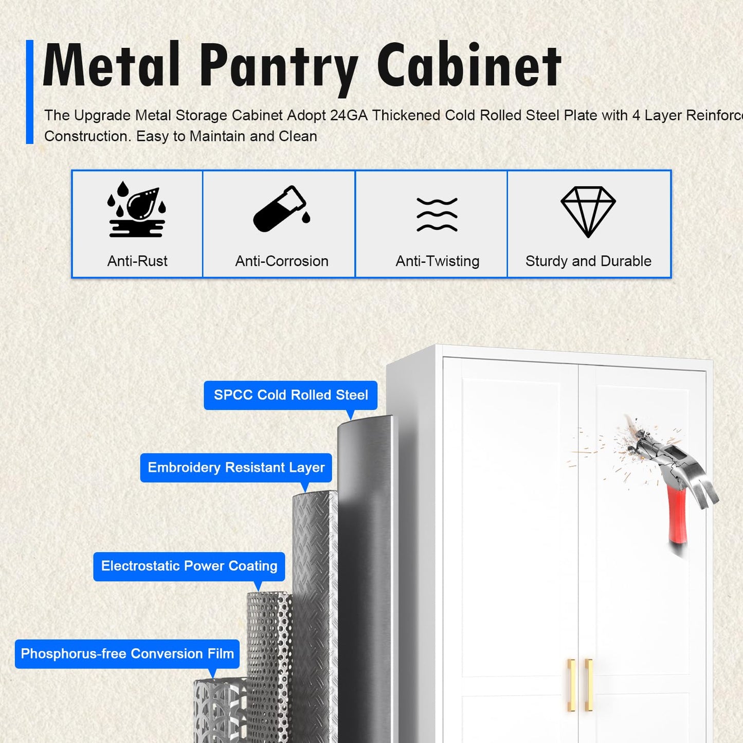 Polup White Kitchen Pantry Cabinet, Pantry Storage Cabinet with Doors and Adjustable Shelves, Metal Food Pantry Cabinets with Handle, 71" Tall Freestanding Cupboard for Living Room-Assemble R - WoodArtSupply