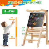 Toddler Tower Foldable - Kids Kitchen Step Stool with 3 Adjustable Heights & Safety Rail, Montessori Tower with Chalkboard for Learning, Standing Tower Helper Stool for Kitchen Counter Sink (Natural) SAUCE ZHAN