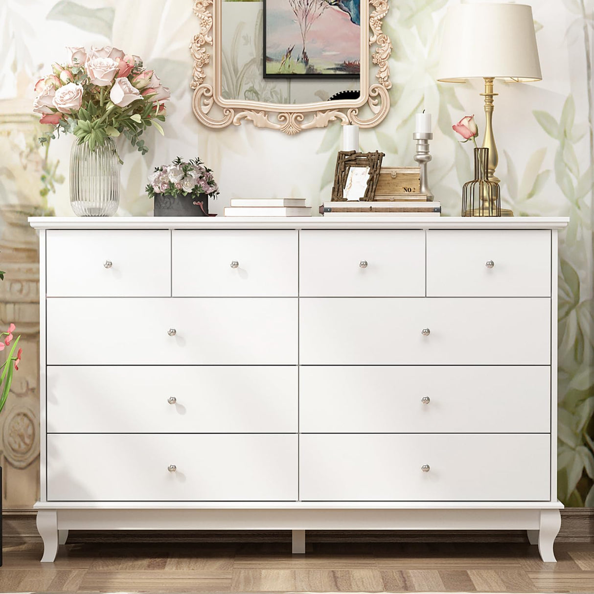 Hitow 10 Drawer Double Dresser for Bedroom, Traditional Dresser Chest with Wide Drawers and Metal Handles, Wood Storage Chest of Drawers for Closet Hitow
