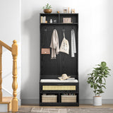 Anmytek Hall Tree with Bench and Shoe Storage, Farmhouse Entryway Bench with Coat Rack, 6 Compartments & 4 Hooks & Rattan Door, Shoe Storage Bench with Soft Cushion for Hallway, Living Room, Black Anmytek