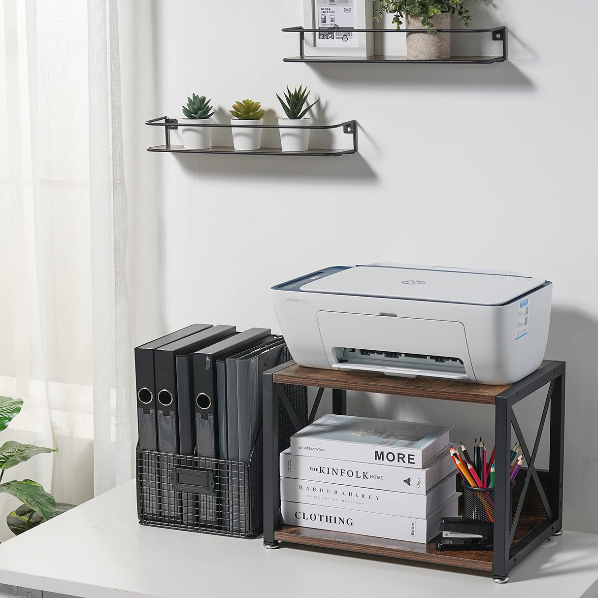 Giikin Desktop Printer Stand with 2 Tier Wood Storage Shelves, Multi-Purpose Desk Organizer for Fax Machine, Scanner, Files, Books, Rustic Brown Printer Shelf with Adjustable Anti-Skid Feet (Brown) Giikin