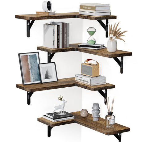 Amada HOMEFURNISHING Corner Floating Shelves, Set of 4 Corner Wall Shelves, Shelves for Wall Decor, Corner Wood Shelves for Home Decor, Office, Bedroom, Bathroom, Laundry Room, Kitchen, Brown AMADA HOMEFURNISHING