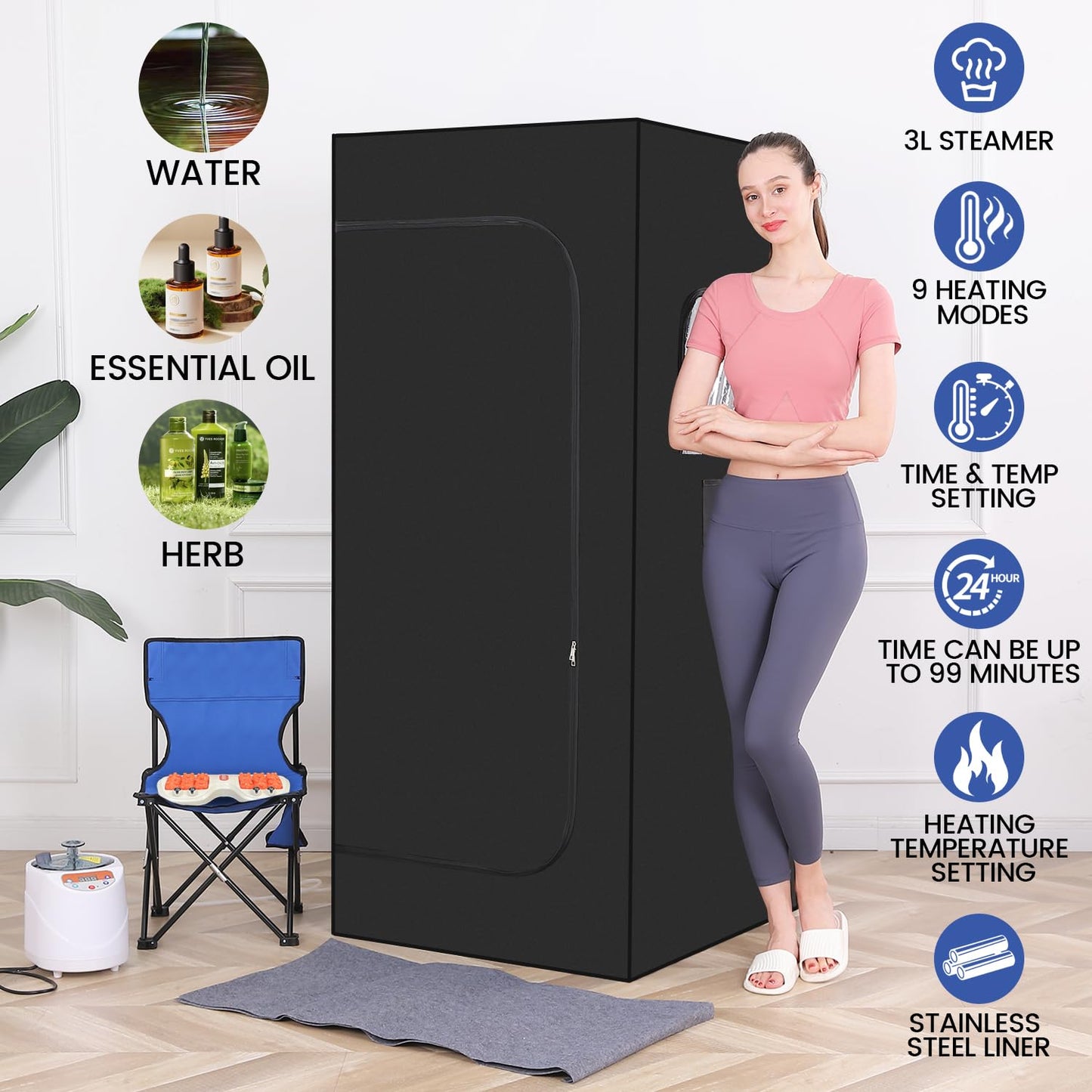 Full Body Personal Home Sauna Box, Portable Steam Saunas Tent, 1100W & 3L Sauna Steamer, Remote Control, Foldable Chair(Black)