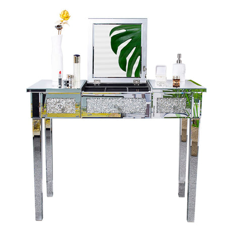 VINGLI Mirrored Vanity Desk with Drawers and Flip Mirror, Glass Vanity, Mirrored Vanity Table, Mirror Vanity Silver Desk, Mirrored Makeup Vanity Table for Bedroom/Makeup Room, Silver VINGLI