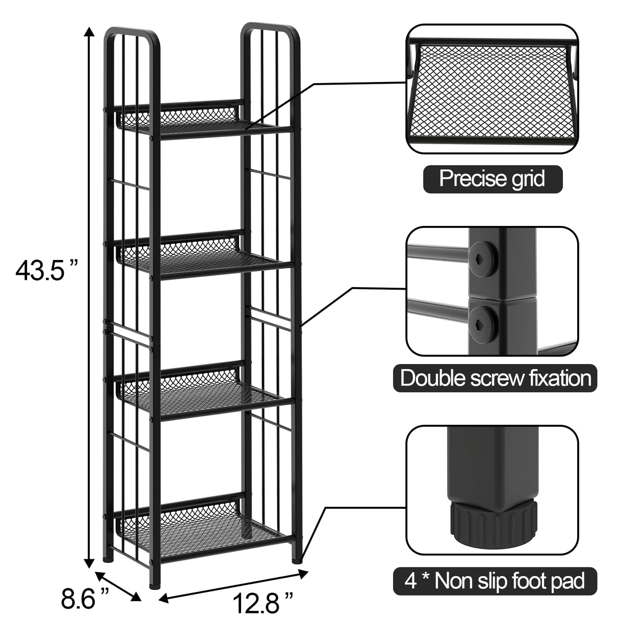 Azheruol Bookshelf Vertical Storage Freestanding Storage Stand for Living Room, Bedroom, Kitchen, Rust Resistance, Easy Assemblyl Free CombinationMulti-Functional Organizer (4 Tiers, Black) Azheruol