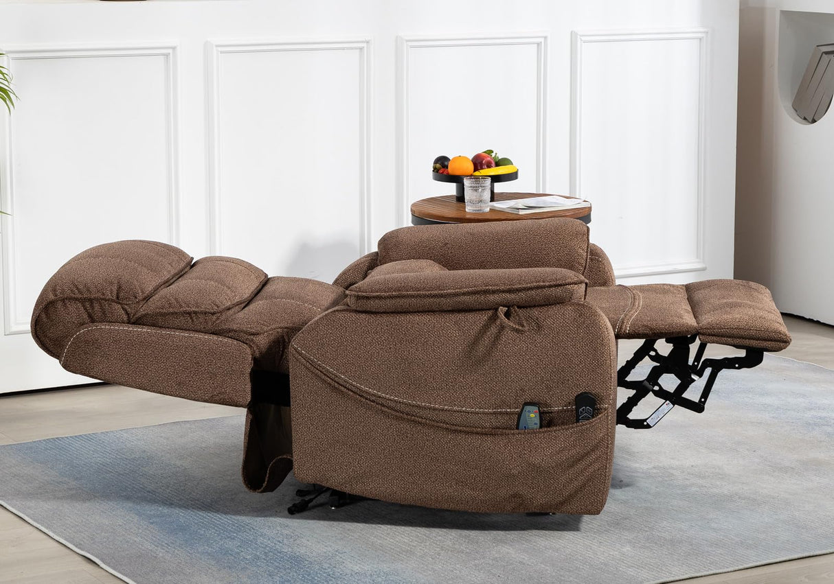 Brown Recliner Chair for Elderly | Tall and Big Man 400lbs | Chenille | Power Lift, Lay Flat, Stand Up, Wireless Charging Device, Extended Footrest, Massage Heat, Cup Holder, Lumbar Pillow LITVZ