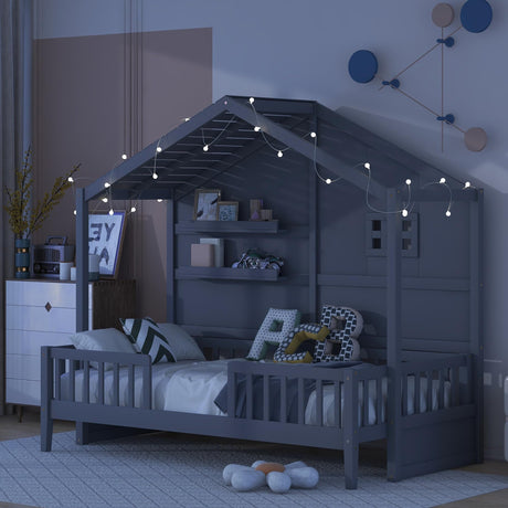 SOFTSEA Twin Size Low House Loft Bed with Shelves and Sparkling Light Stripe SOFTSEA