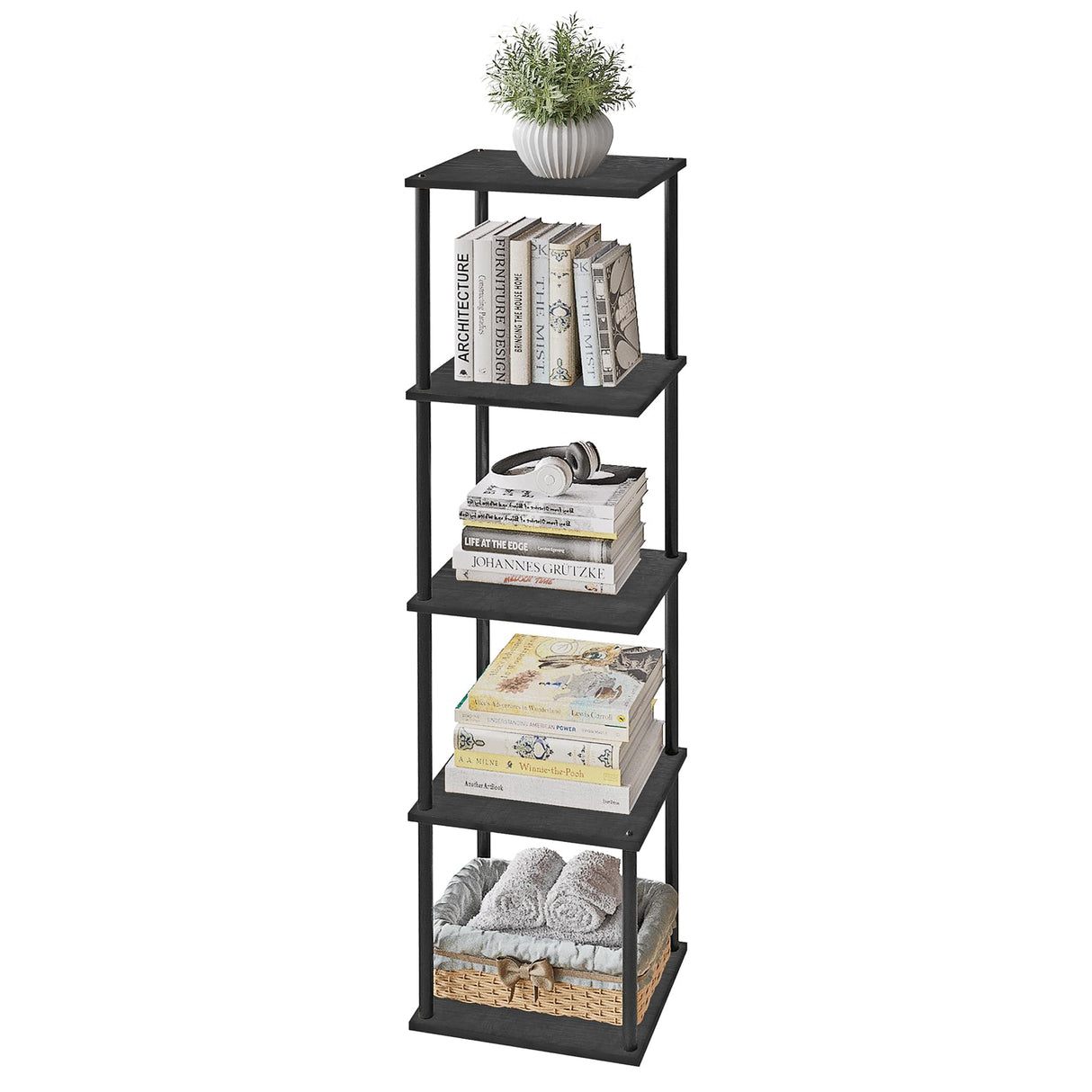 POBOMULI 46" Narrow Bookshelf, 5-Tier Tall Bookcase Small Space, Corner Book Shelf Slim Storage Display Rack Living Room Bedroom Study Office, Black POBOMULI