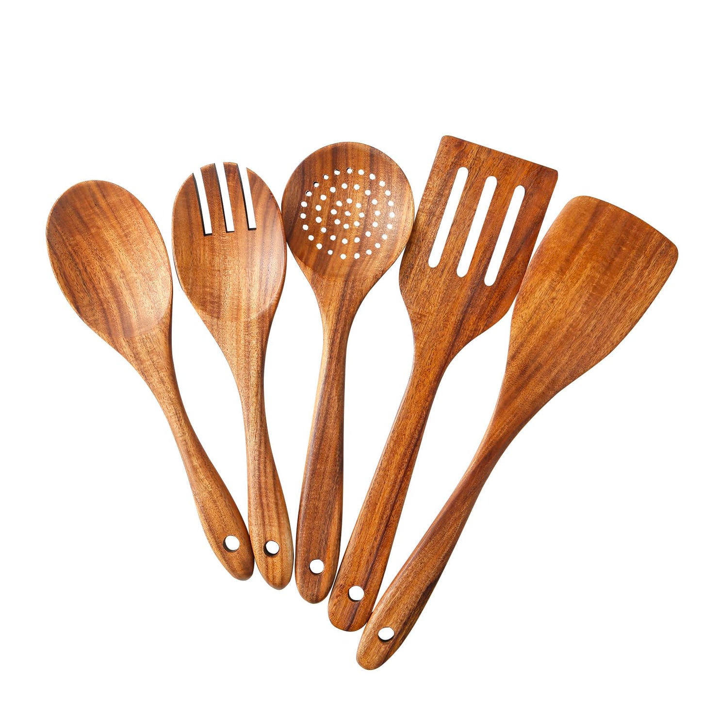 Yhendelion 5 Piece Wooden Spoons for Cooking - Natural Finish Wooden Cooking Utensils - Soft Grip Wood Spoons - Non-Stick Wooden Spoons