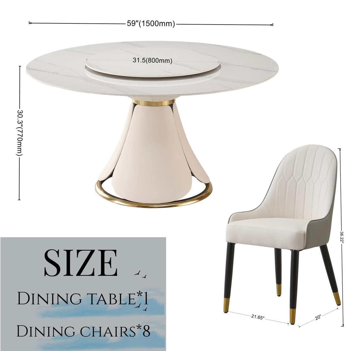 Montary 9 Piece Dining Table Set, Modern Dining Table Set of 8, White 59" D Sintered Stone Round Table, Faux Marble Dining Room Table with 8 Gray Dining Chairs Montary