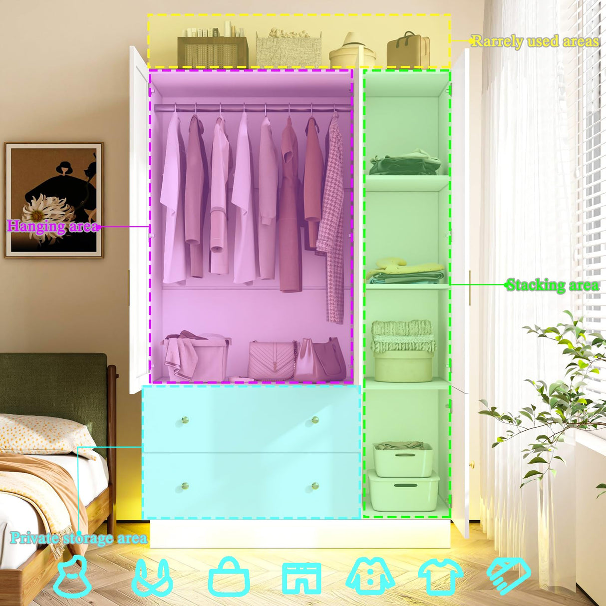 DalyLuxa 3 Doors Armoire Wardrobe Closet with Mirror & Organizers, LED Wooden Bedroom Armoires with Hanging Rod for Bedroom, White DalyLuxa