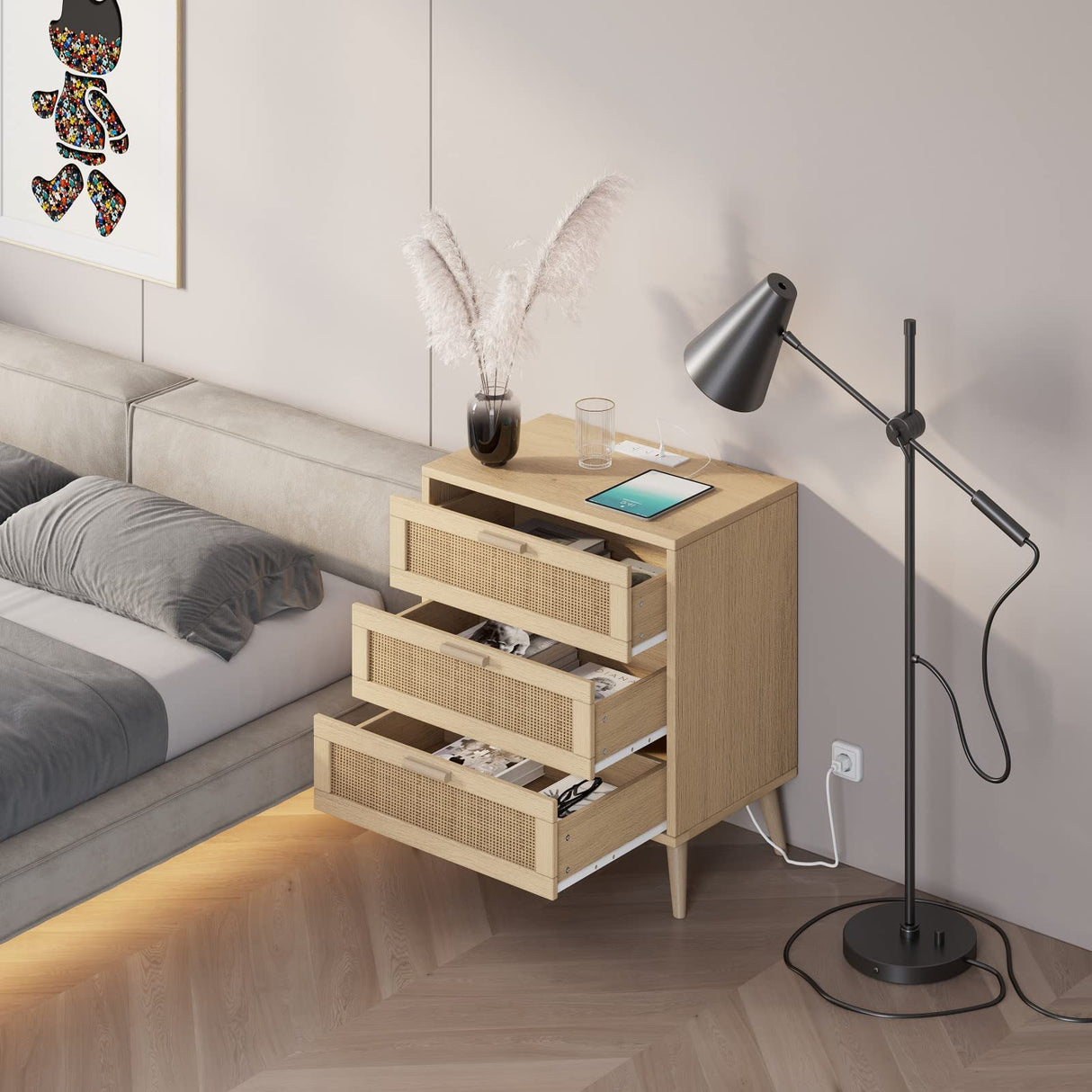 Irontar Rattan Nightstand with Charging Station, Night Stand with Rattan Decorated Drawers, Farmhouse End Table, Bedside Table with 2 USB Ports and 2 AC Outlets for Bedroom, Natural BZZ006ME Irontar