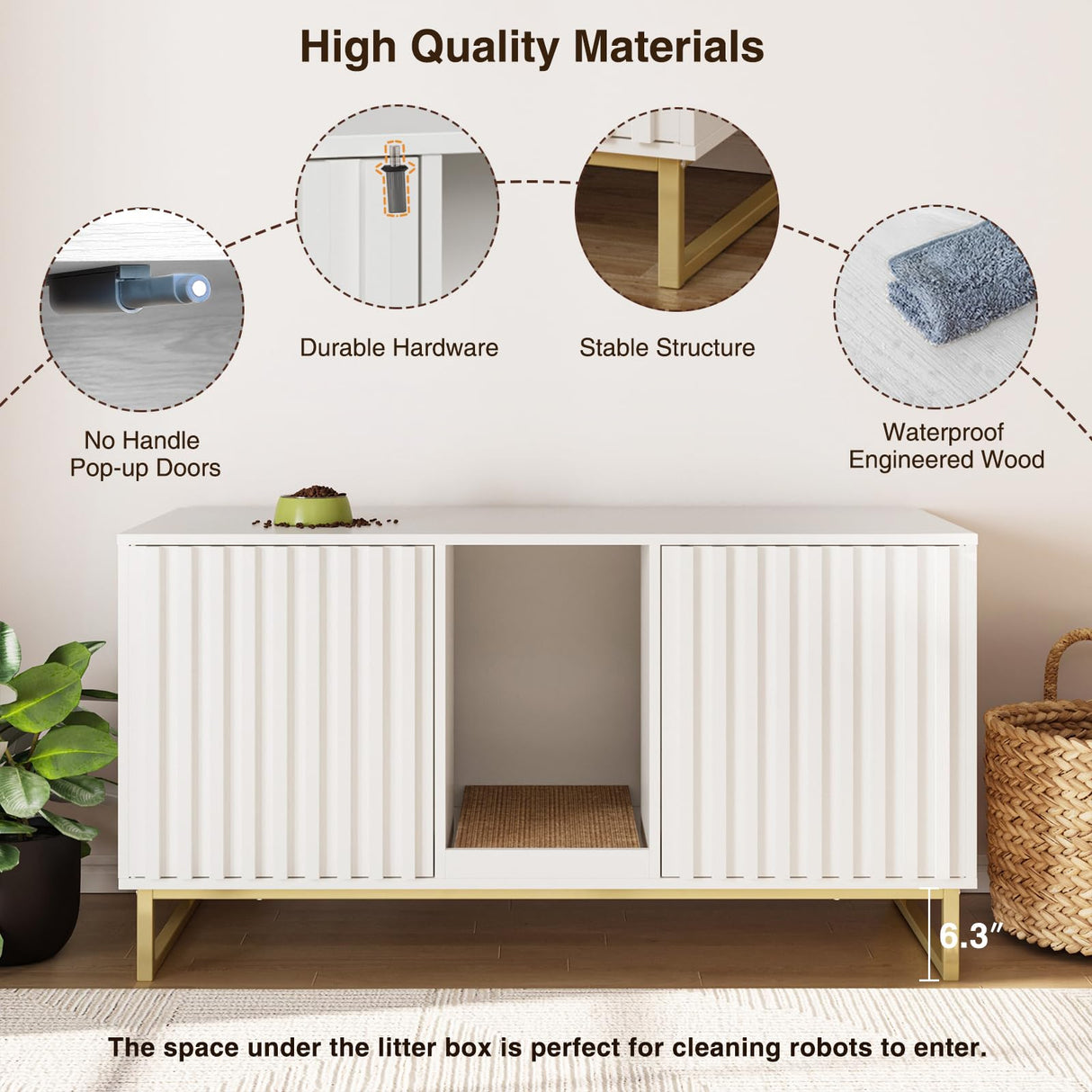 Cat Litter Box Enclosure for 2 Cats, 47.6’’ Litter Box Furniture Hidden with Scratch Pad, Double Room Large Cat Cabinet, Indoor Pet House TV Stand Side Table,Cats Washroom, White Halitaa