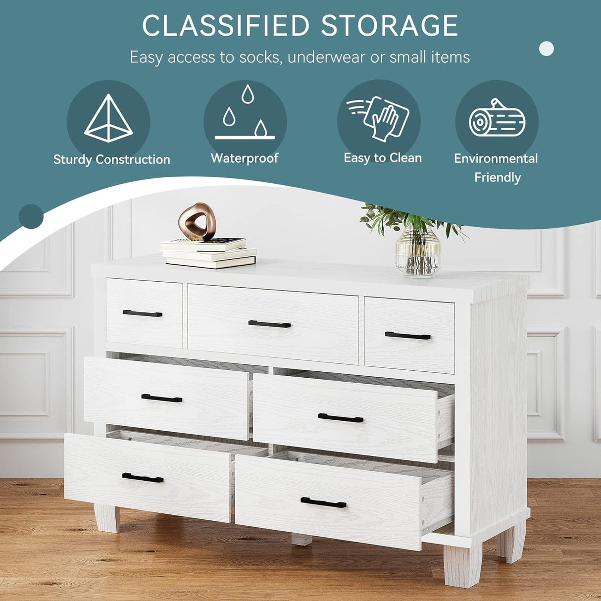 IDEALHOUSE Dresser for Bedroom with 7 Drawers, Modern Chest of Drawers Closet with Metal Handle, Wooden Dresser Organizer, for Bedroom, Living Room, White IDEALHOUSE