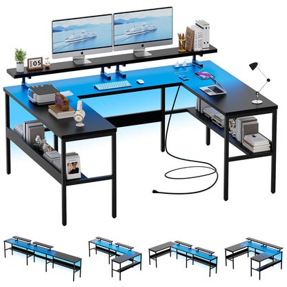 Hyomdeck Customizable U Shaped Desk & L Shaped Office Desk with Adjustable Monitor Stand, RGB LED Lights and Power Outlets, Sturdy Reversible L Shape