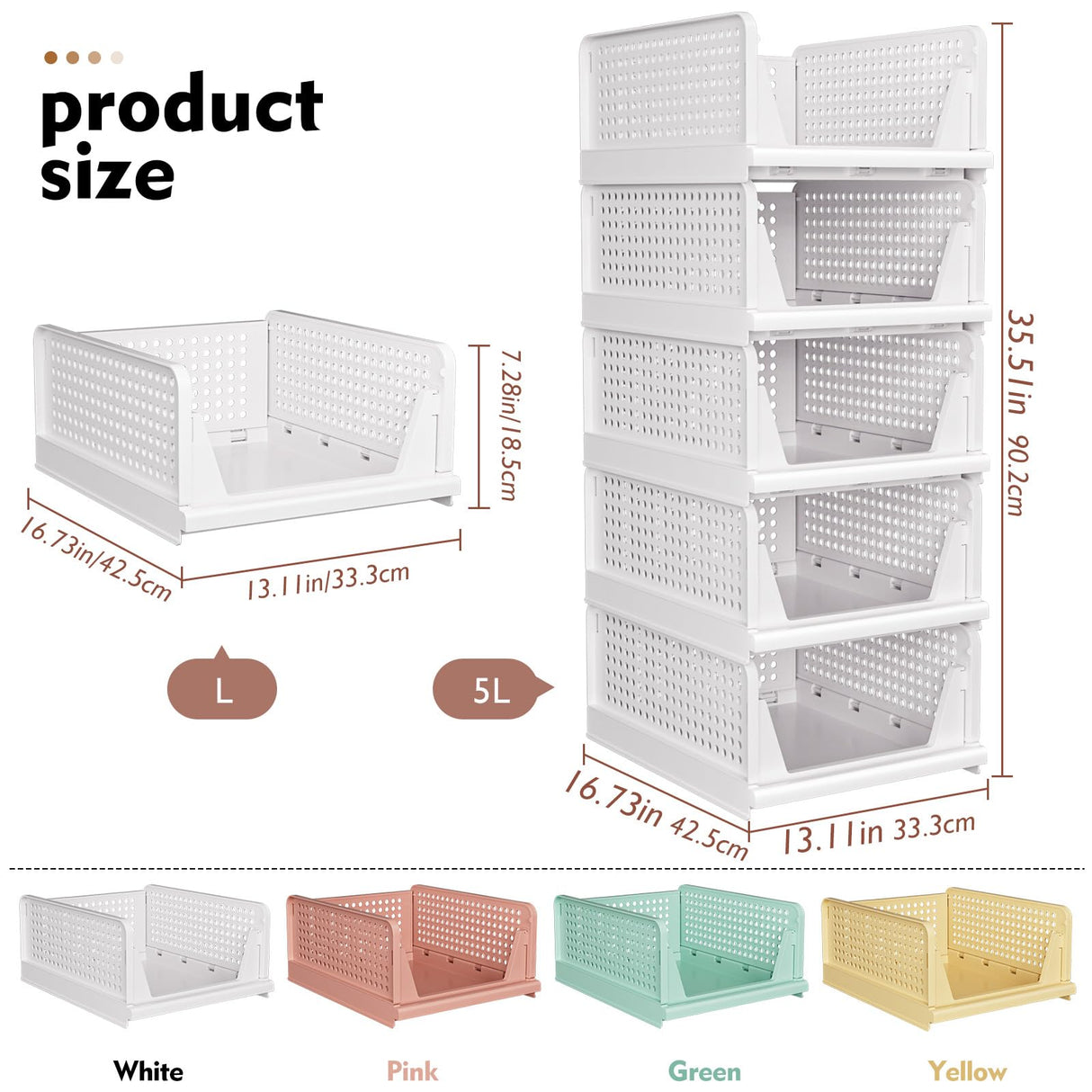 SNSLXH 5 Pack Stackable Closet Organizer Box, Multifunctional & Foldable Closet Storage Basket for Bathroom Kitchen Laundry Room Wardrobe Storage, Space-Saving Clothes Storage Drawer Organizer, White SNSLXH