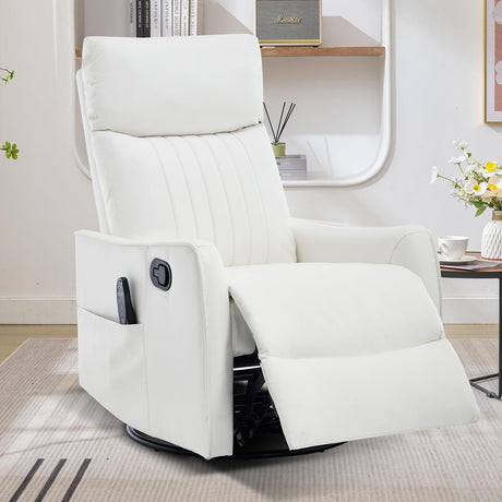 Trustyue Swivel Rocker Recliner Chair, 360° Swivel Recliner with Heat and Massage, Rocker Recliner Upholstered Fabric Nursery Glider Recliner Chair with Side Pockets for Living Room PU White Trustyue