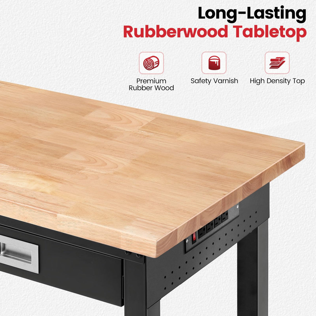 ENJOYWOOD Workbench with Shelf Bracket 48 x 24 Inch Heavy Duty Rubberwood Tabletop Work Table Adjustable Height Work Bench with Drawer, Power Outlets for Garage Woodworking Shop, Home, Office ENJOYWOOD