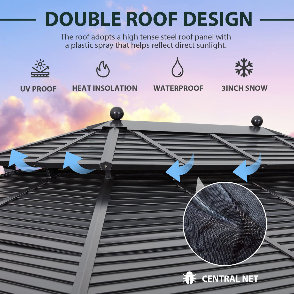 MELLCOM 12'x16' Hardtop Gazebo, Wooden Finish Coated Aluminum Frame Gazebo with Galvanized Steel Double Roof, Metal Gazebo with Curtains and Nettings for Patios, Gardens, Lawns MELLCOM