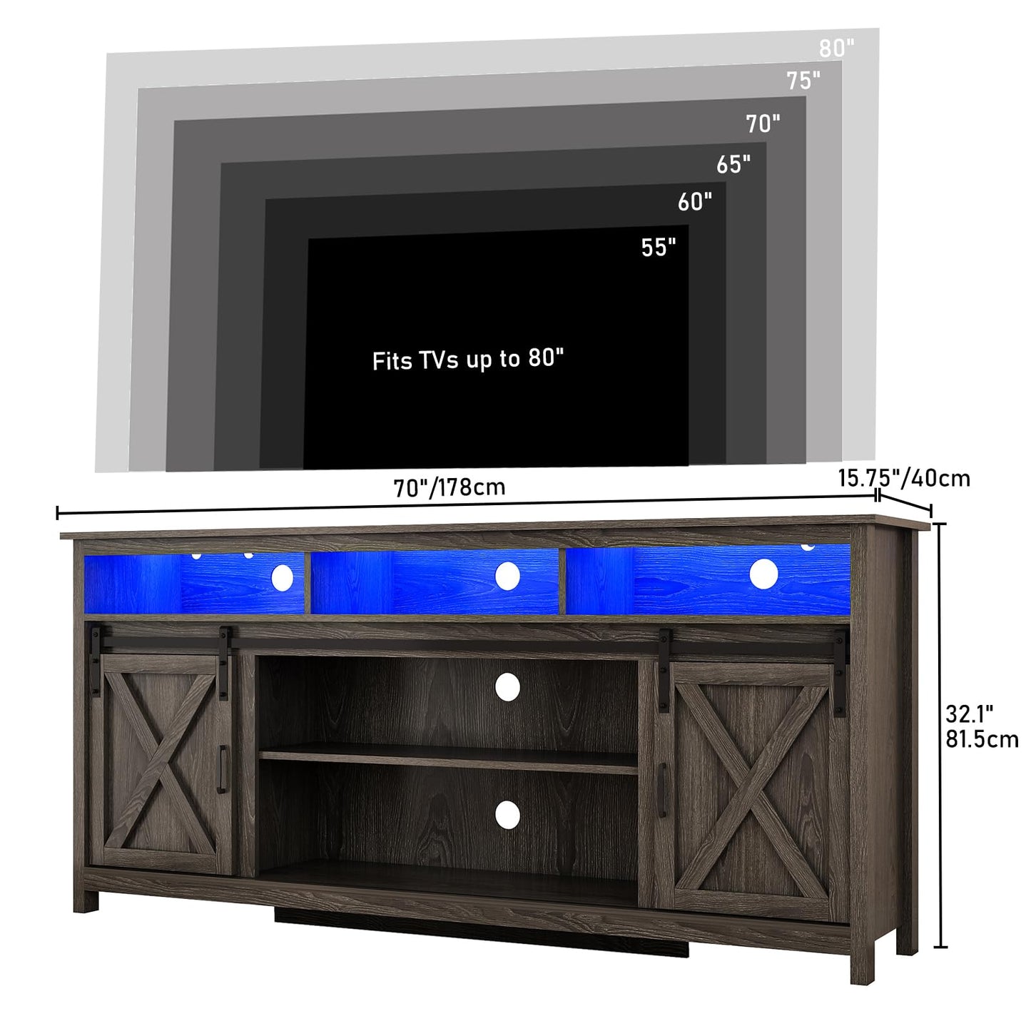 70" LED Farmhouse TV Stand for 80/75/70 Inch TVs,Tall Entertainment Center Storage Cabinets w/Power Outlets and Sliding Barn Door,Rustic TV Stands for Living Room,Media Console Cabinet (Charcoal)