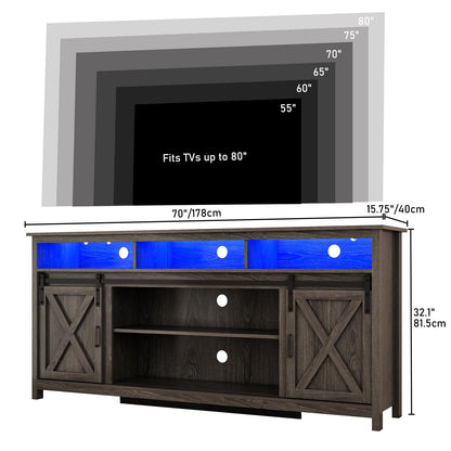 70" LED Farmhouse TV Stand for 80/75/70 Inch TVs,Tall Entertainment Center Storage Cabinets w/Power Outlets and Sliding Barn Door,Rustic TV Stands for Living Room,Media Console Cabinet (Charcoal)