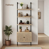 SOLACE FURNITURE Rattan Bookcase, 6 Tier Ladder Bookshelf with Rattan Cabinet, Wall Mount Tall Bookshelves and Bookcases with Metal Storage Shelves Display for Living Room Bedroom Home Office, Oak SOLACE FURNITURE