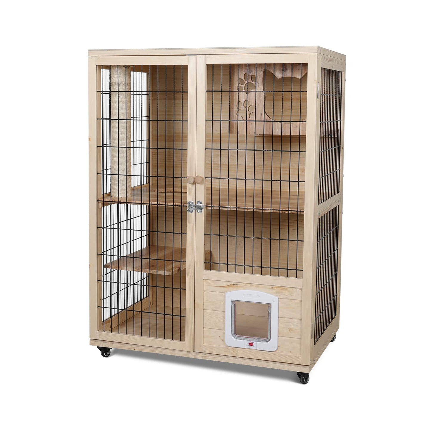 PANTAZO Wooden Cat House Large Space Cat Cage with Scratching Post and Lockable Wheels Double Layer Cat House with Escape Door Outdoor/Indoor… - WoodArtSupply