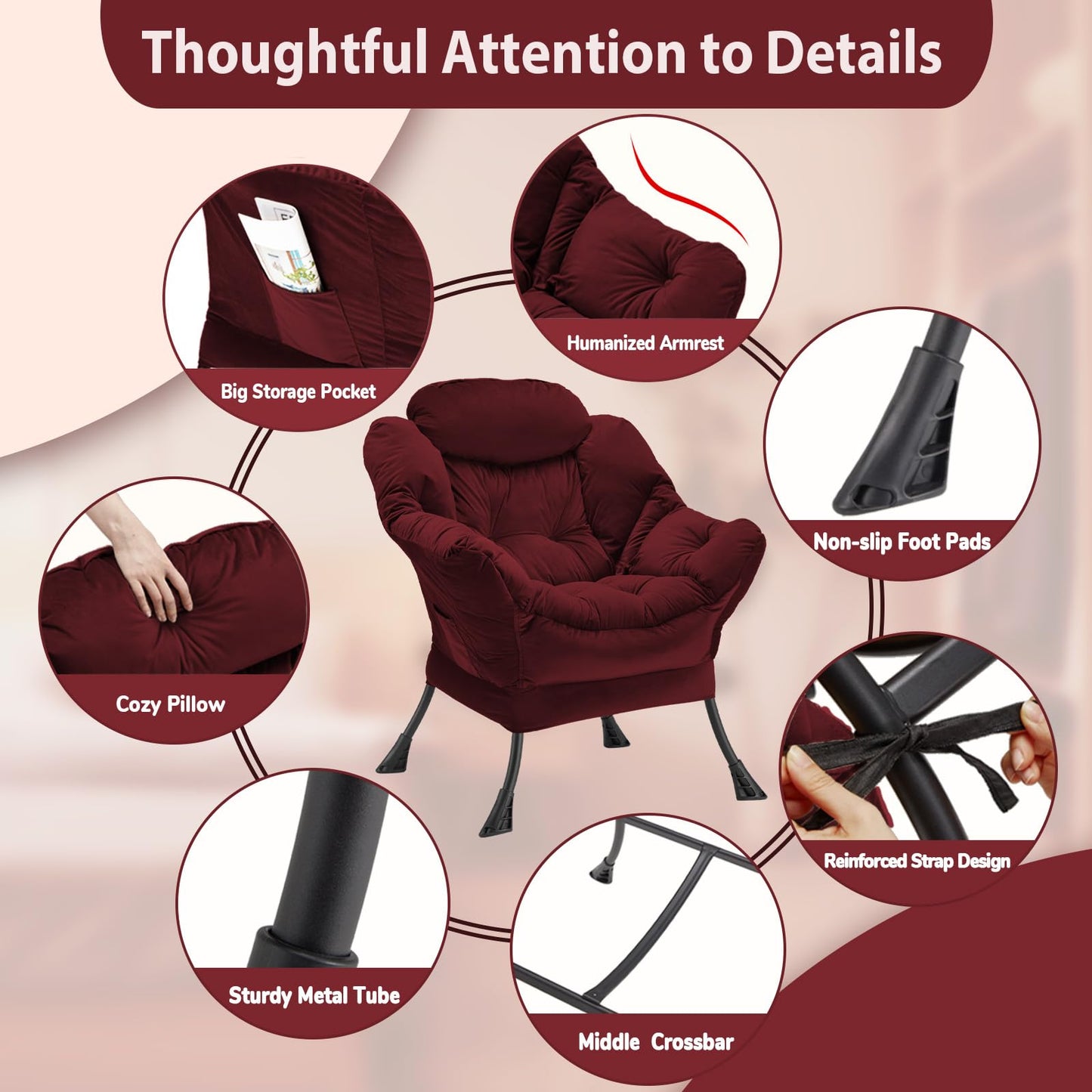 Youtanic Lazy Chair Thick Padded, Accent Chair Velvet Upholstered with Wide Seat, Stable Metal Frame and Non-Slip Pad, Modern Sofa Armchair with Side Storage Bag for Dorm, Room, Office, Burgundy