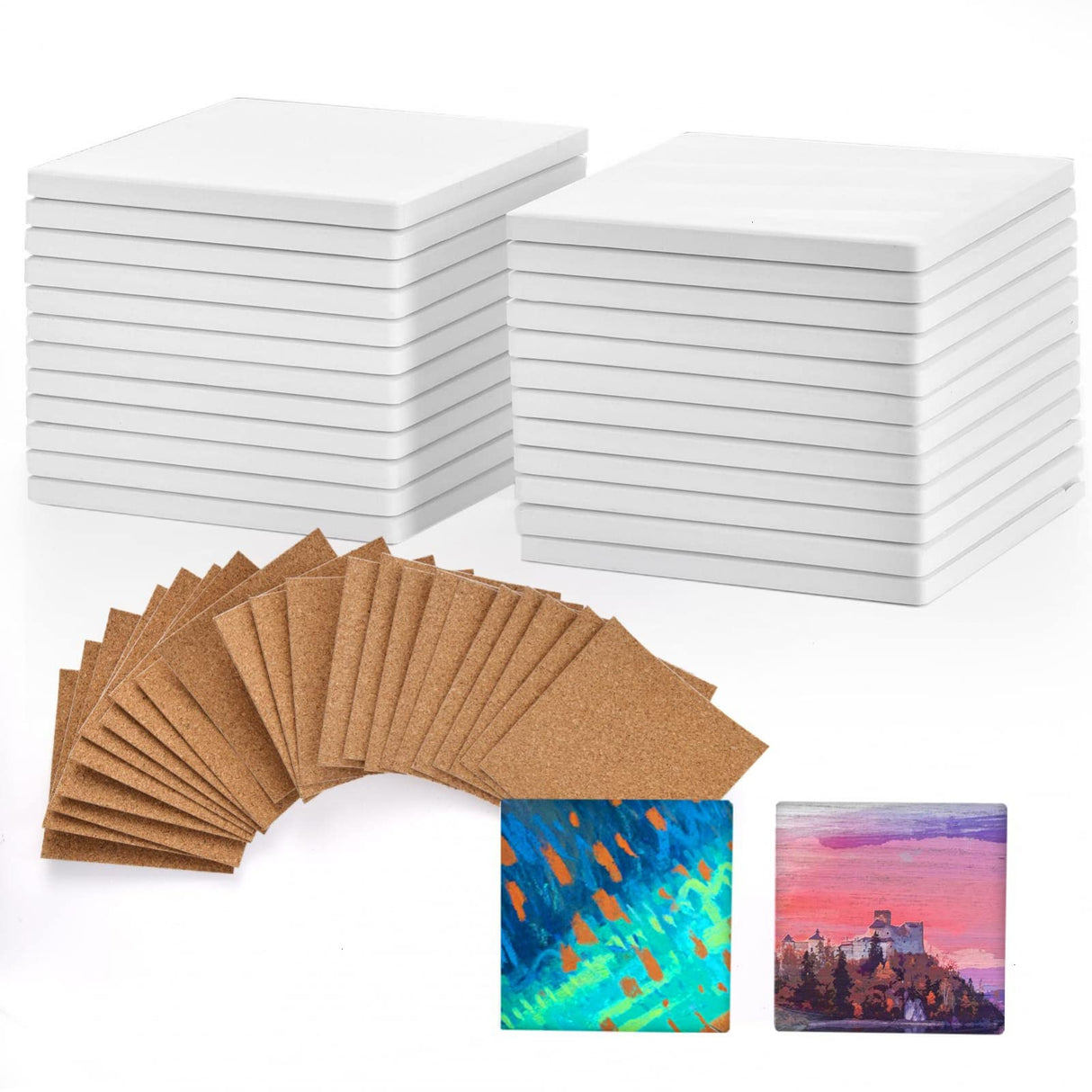 COYMOS 24 Pcs Ceramic Tiles for Crafts Ceramic Coasters for Crafts Blank White Unglazed Ceramic Tile for Painting, Alcohol Ink, Acrylic Pouring - DIY Coaster - Cork Backing Pads Included (4x4 inch) COYMOS