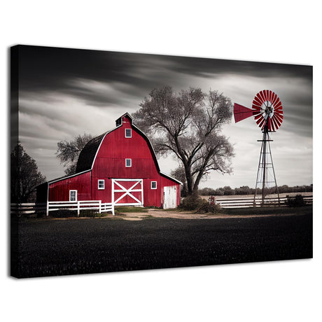 Farmhouse Red Barn Wall Art Windmill Wall Decor Vintage Country Nature Landscape Canvas Pictures for Living Room Black White Old Farm House Poster Artwork Kitchen Bedroom Office Home Decorations 12x16" sunfrower