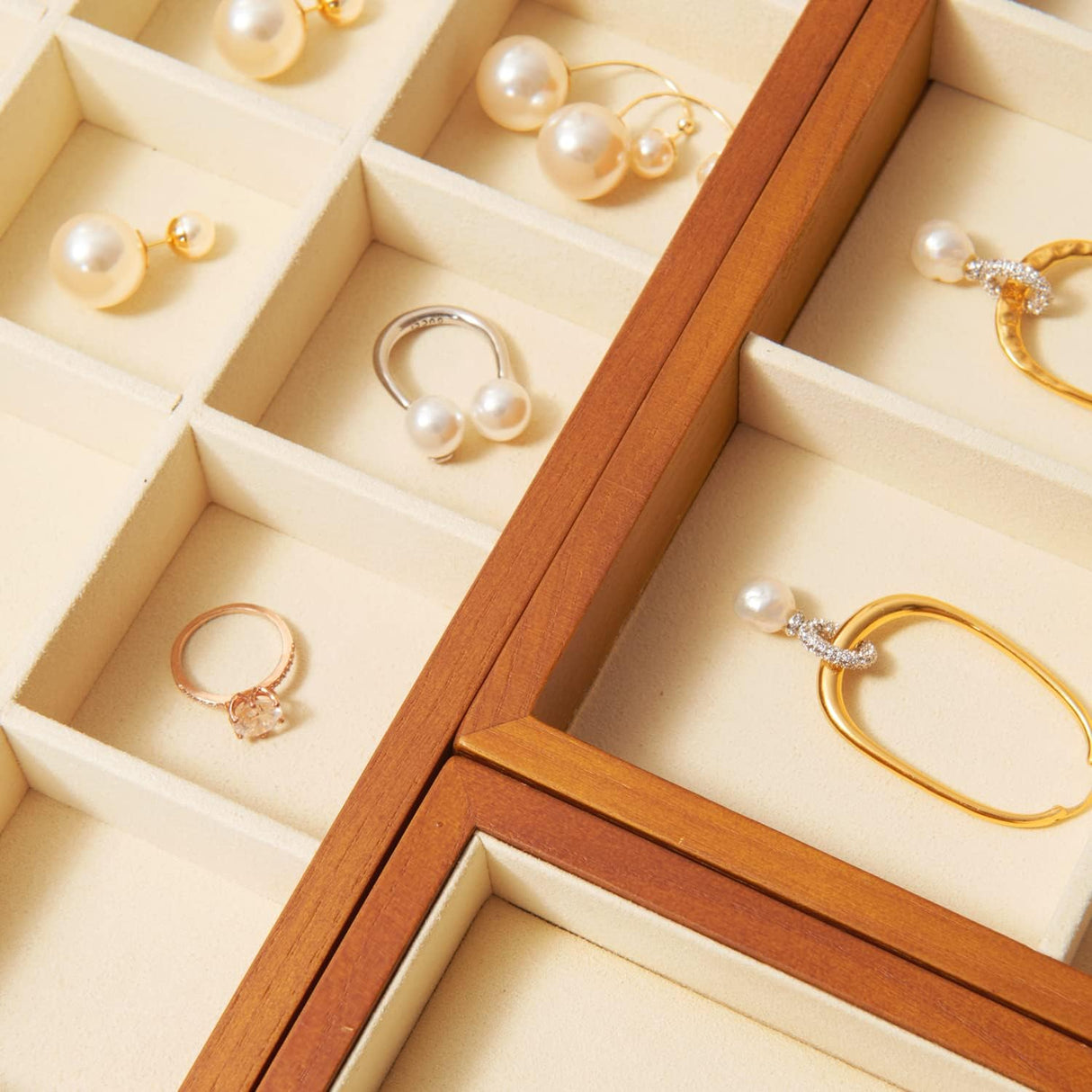 Oirlv 24 Grid Wood Jewelry Tray Microfiber Interior Jewelry Drawer Organizer Showcase Display Box Ring Earrings Holder Oirlv