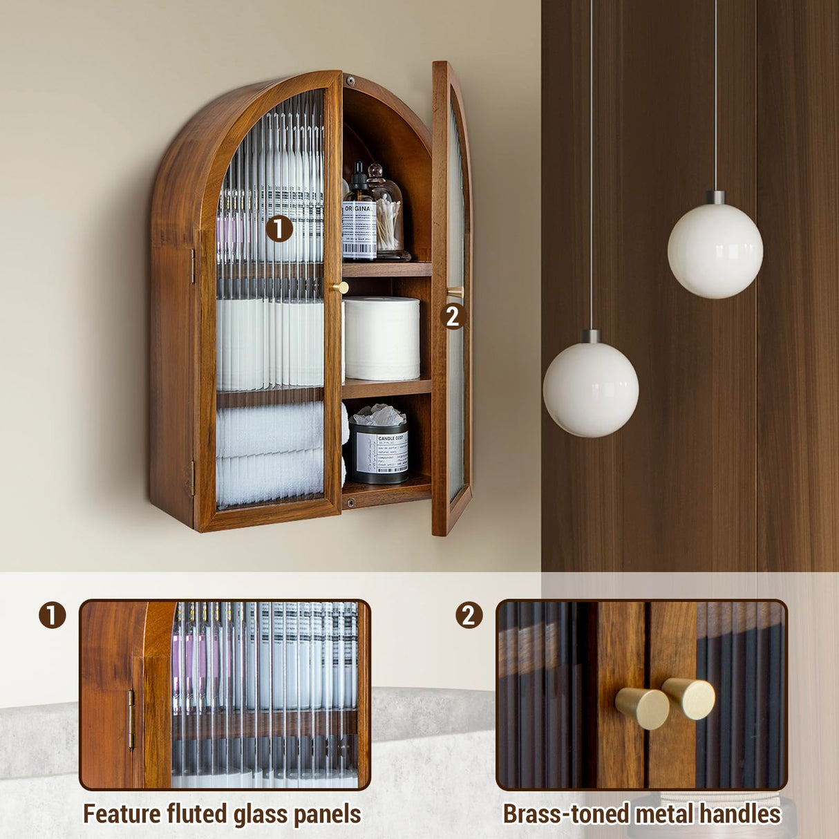 MyGift Arched Wall Cabinet,Bathroom Medicine Wall Mounted Cupboard,Mid Century Style Floating Storage Cabinet with Glass Door,Natural Acacia Wood MyGift