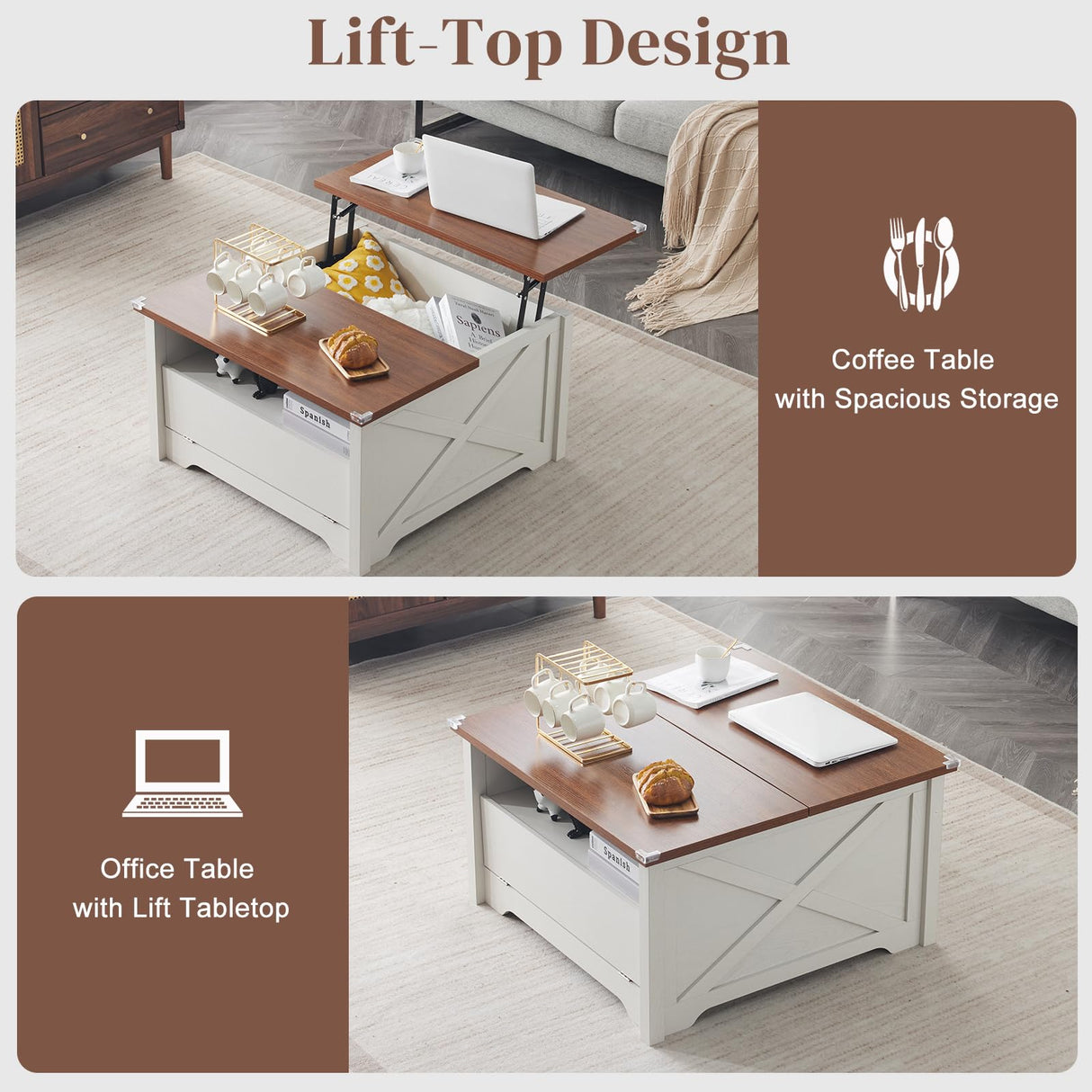 Karl home Coffee Table with Lifting Top, Farmhouse Coffee Table with Storage, Wood Square Coffee Table, Living Room Coffee Table, Center Table, Cocktail Table, 31.5", White Karl home