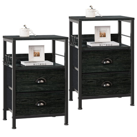 Furologee Nightstands Set 2, End Tables with 2 Fabric Drawers, Bedside Tables with Hooks and Shelf, for Bedroom/Living Room/Study/Black Oak Furologee