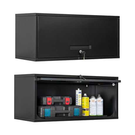 BYNSOE Metal Wall Storage Cabinet with Lock 1 Shelving Garage Storage Cabinet with Flip-Up Door Hanging Garage Cabinet for Kitchen Home Workshop,Assembly Required (Black, 13.7''H) BYNSOE