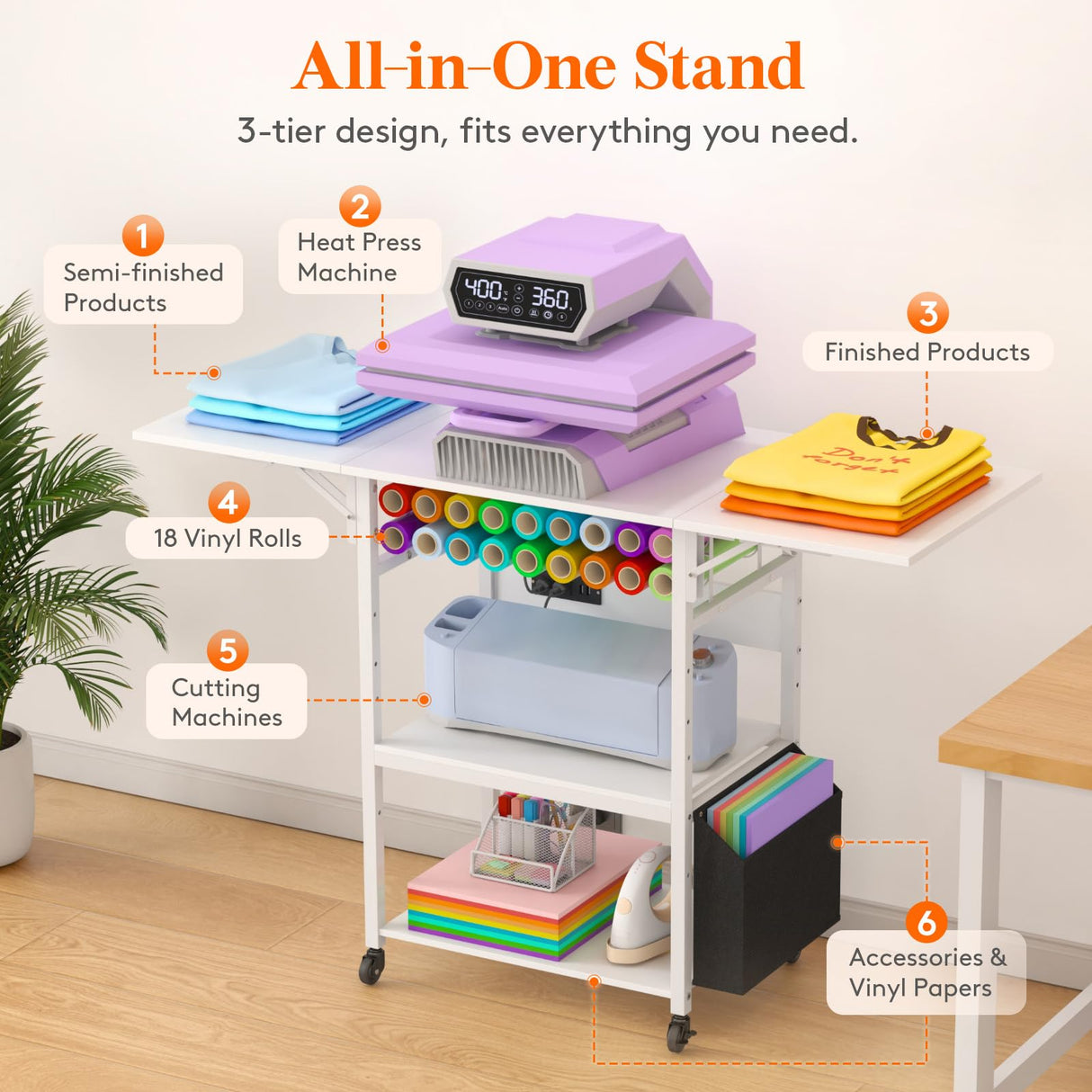 Lifewit 3 Tier Foldable Heat Press Table with Charging Station, Movable Heavy Duty Heat Transfer Machine Stand with Vinyl Roll Holder for T Shirt Printer Machine and Sublimation Printer Lifewit