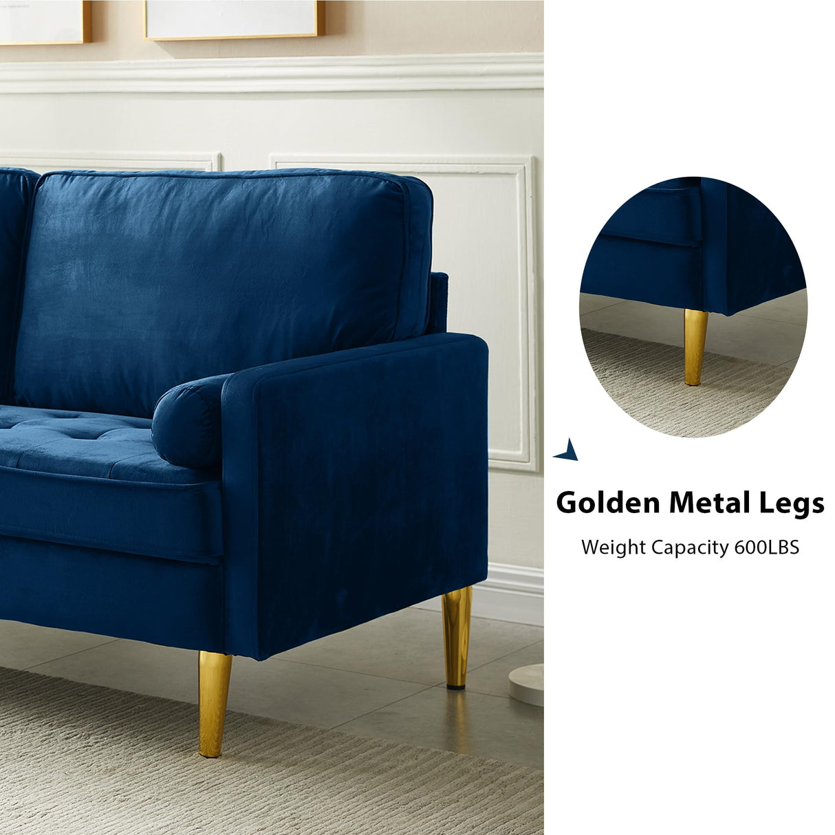 RXRRXY 67" Modern Velvet Loveseat Sofa Couch, Mid-Century Tufted Upholstered Small Love Seat Couch with 2 Pillows & 4 Golden Legs, 2-Seats Couches for Compact Space, Living Room, Apartment (Navy) RXRRXY