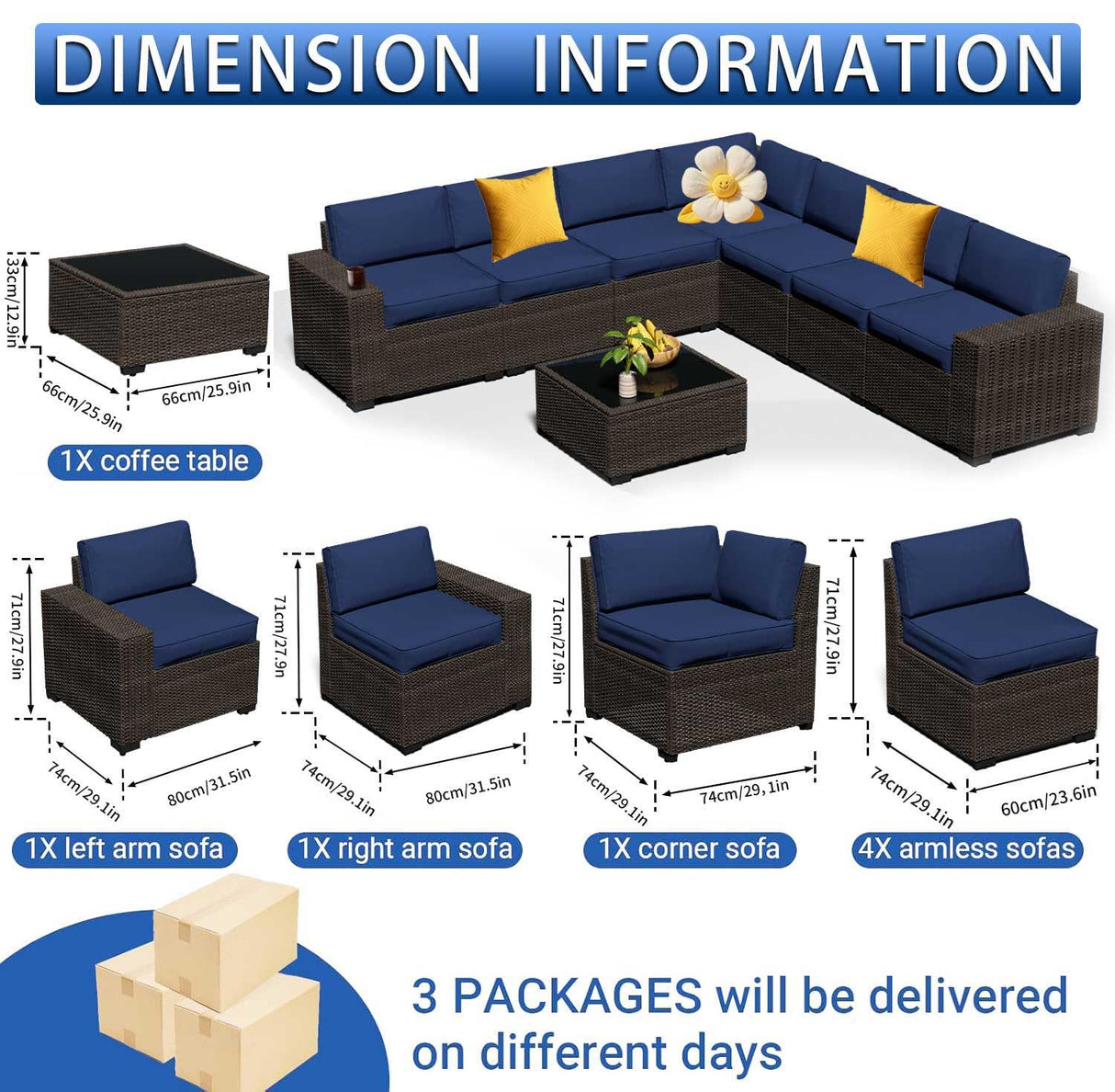 8pcs Patio Outdoor Furniture Set, Waterproof Wicker Sectional Couch Outdoor Big Sofa with Thick Cushions, All-Weather PE Rattan 8 Pieces Patio Conversation Sets for Porch,Backyard,Garden SHGJ&SOFT