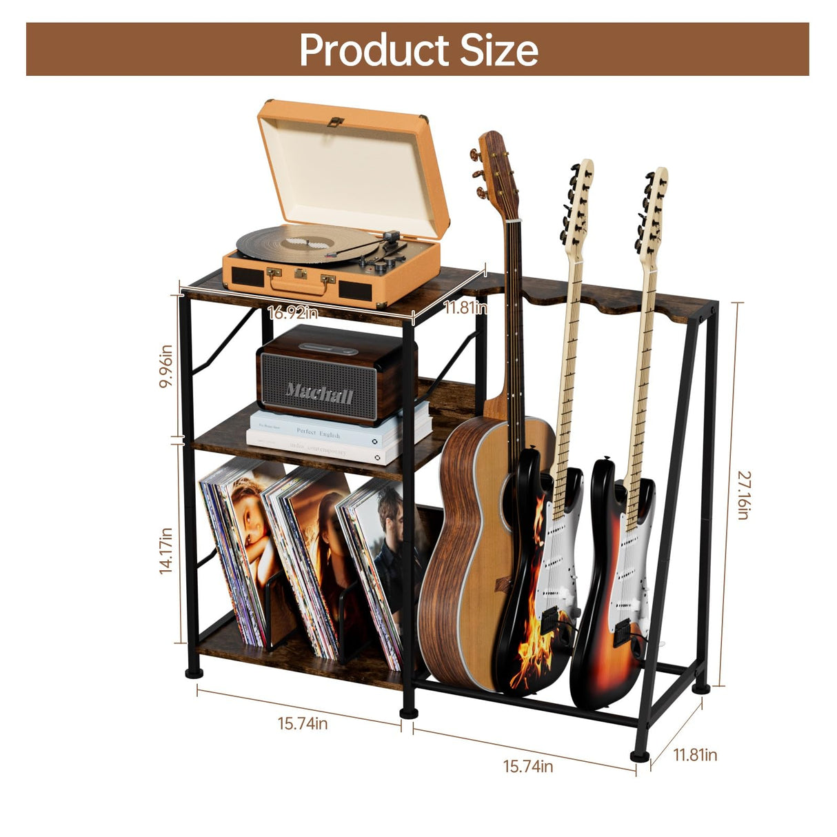 Hosfais Record Player Stand, 3 Tier Guitar Stand for Acoustic, Electric Guitar, Bass Stand, Vinyl Record Storage Up to 200 Albums, Brown Records Shelf for Living Room Bedroom Hosfais