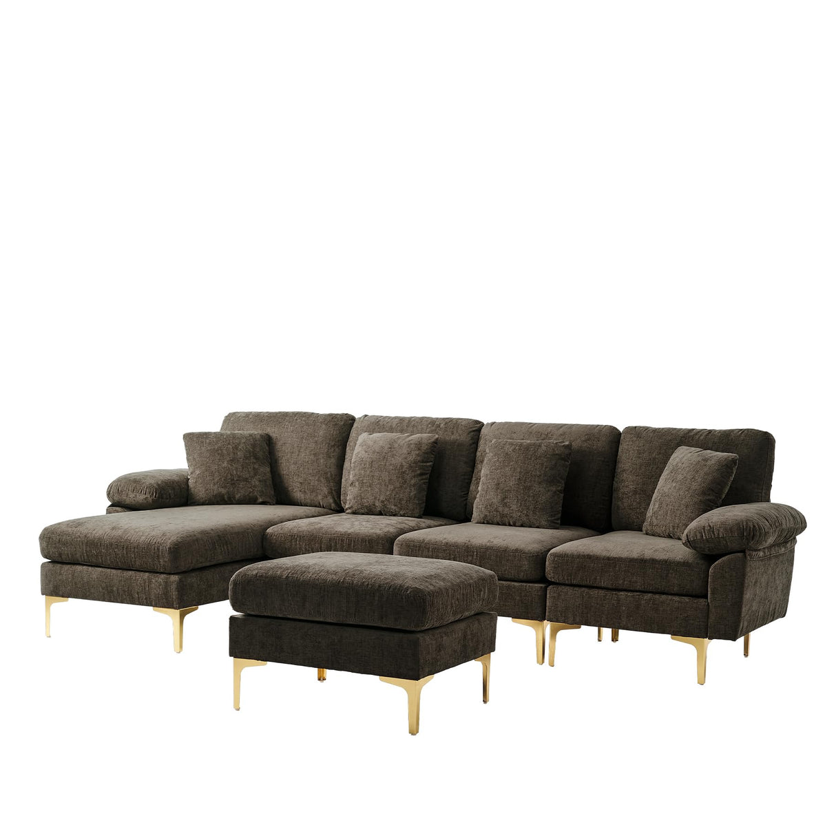 OUYESSIR U-Shaped Sectional Sofa Couch, 4 Seat Sofa Set for Living Room, Convertible L-Shaped Chenille Couch Set with Chaise Lounge, Ottoman and Pillows,114 inches (Brown) OUYESSIR