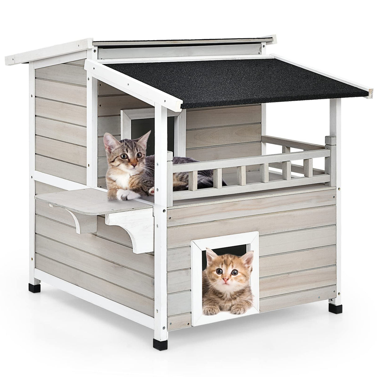 Tangkula Outdoor Cat House Wooden, 2-Story Outside Cat Shelter Condo Enclosure with Escape Door, Asphalt Roof, Balcony, Jumping Platform, Weatherproof Tangkula