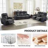 Power Recliner Sofa Set of 3 Pieces with Adjustable Headrest, Wireless Charger for Living Room, Electric Reclining Couch, Faux Leather 3 Seaters and Loveseat and Theater Chair with LED Lights, Black Comfort Stretch