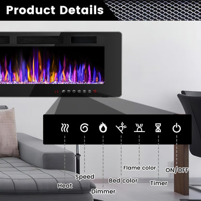 BOSSIN 72" Electric Fireplace Wall Mounted and Recessed with Remote Control, Low Noise, 750/1500W Ultra-Thin Wall Fireplace Heater and Timer Adjustable Flame Color and Brightness with Crystal