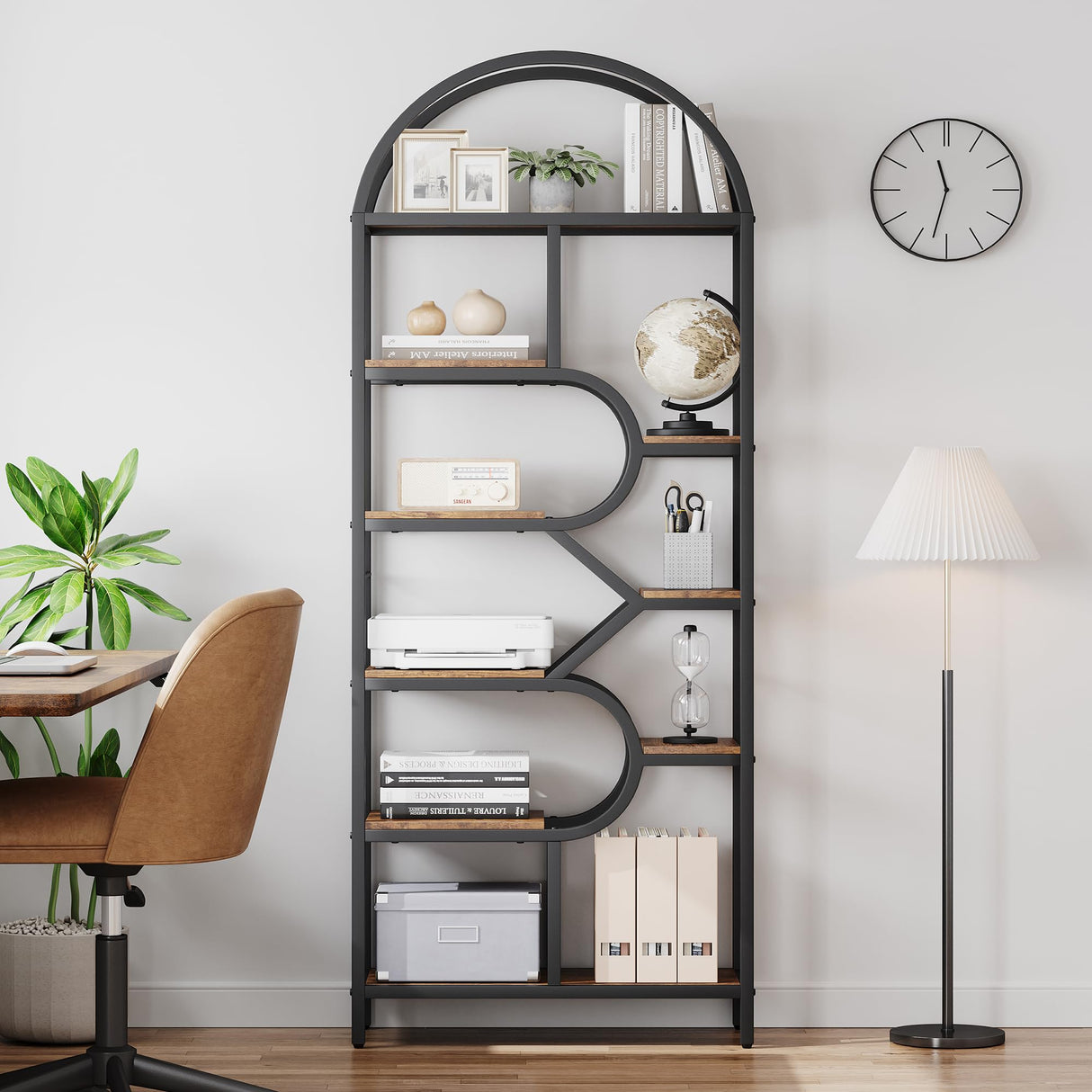 IDEALHOUSE Bookshelf 6 Tier Arched Bookcase 81.7in Tall Display Racks Geometric Open Storage Shelf Unique Book Rack Metal Frame Large Modern Book Shelf for Bedroom, Living Room, Home Office IDEALHOUSE