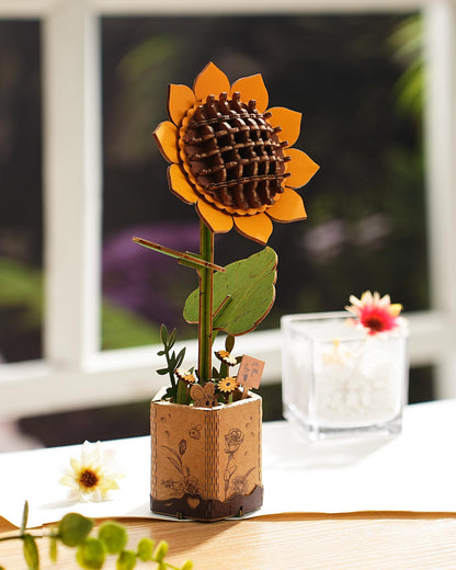 ROBOTIME 3D Puzzles Wooden Flower Sunflower DIY Model Building Kit to Build for Adults Bouquet Botanical Collection Craft Brain Teaser Puzzle Creative Gift Home Decor - WoodArtSupply