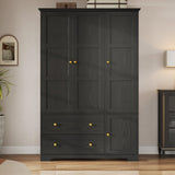ONBRILL 3 Doors Wooden Wardrobe Closet Armoire with Pull Out Pants Rack, Bedroom Large Capacity Armoire with Drawers and Shelves, Storage Cabinet for Hanging Clothes, Black ONBRILL