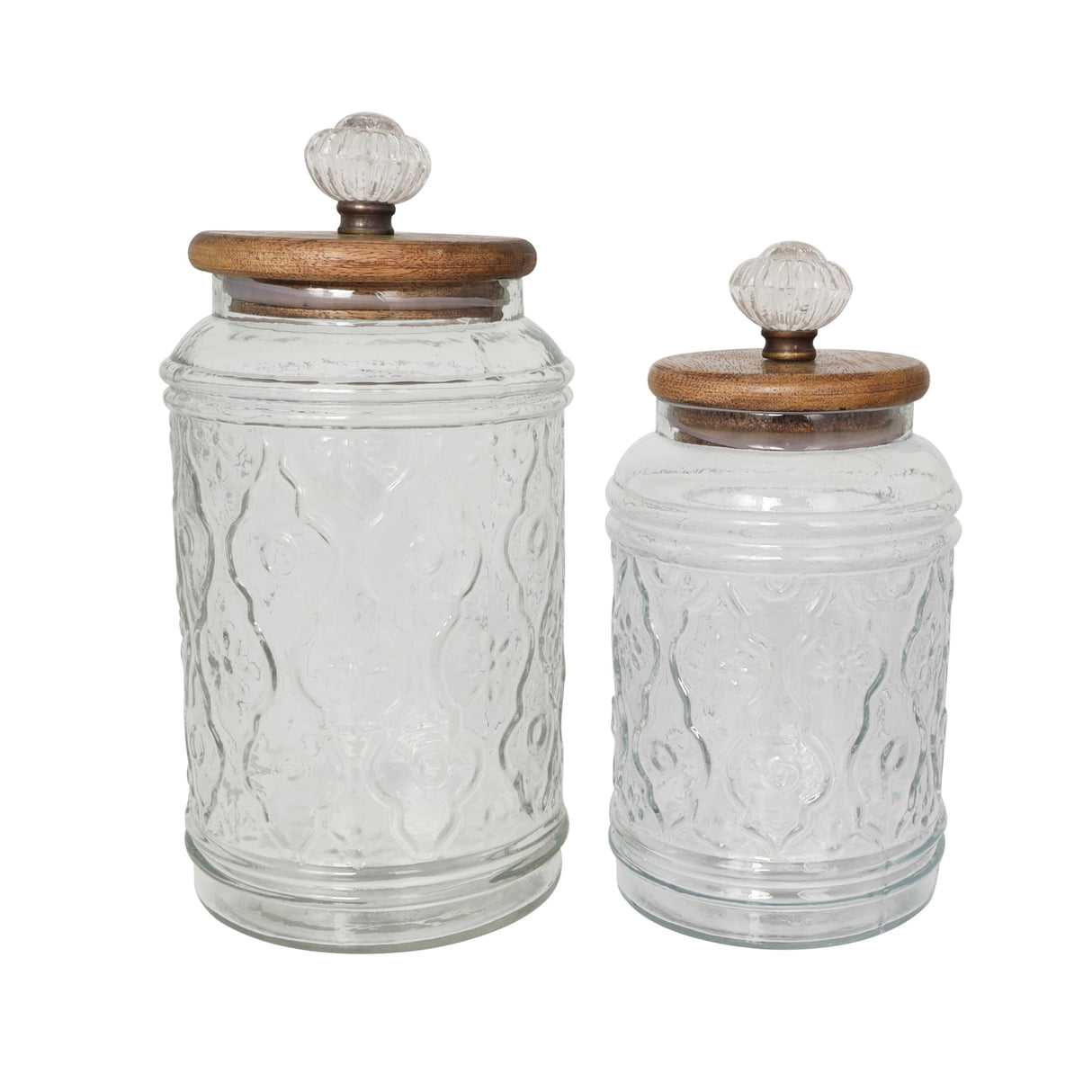 Deco 79 Glass Floral Living Room Decorative Jars Decorative Container with Brown Wooden Lids and Antique Style Knobs, Set of 2 Jar with Lid 9", 8"H, Clear Deco 79