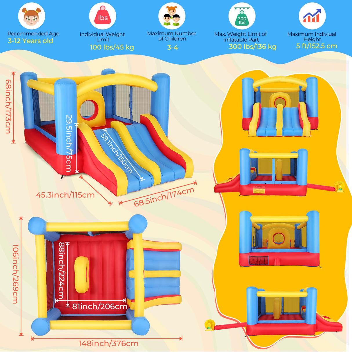 Whubefy Bounce House, Inflatable Bounce House for Kids 3-6 Big Kids 8-12, Indoor/Outdoor Double Slide Obstacle Bouncer with Blower, 12 x 9FT Jumping Castle with Center Hoop for Family Backyard Wesoky
