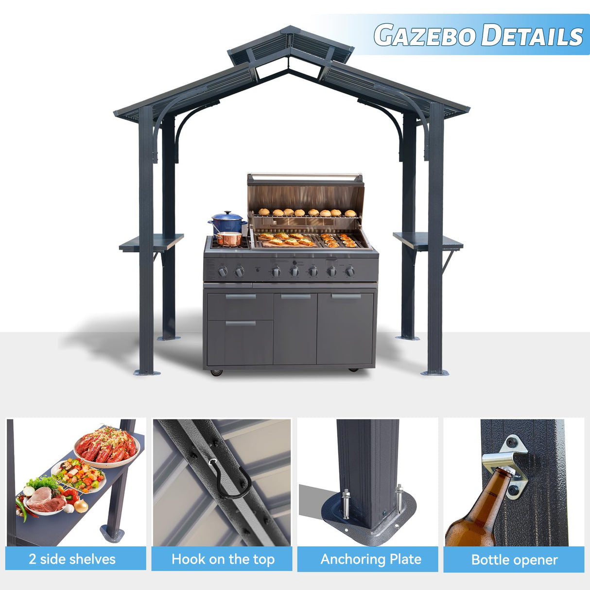 SHPAI 8x5FT Hardtop Grill Gazebo, All-Weather Outdoor Gazebo with 2 Side Shelves and Ceiling Hook, Galvanized Steel Double Roof, Outdoor Metal Grill Canopy for Patio, Backyard, Lawn, Deck – Grey SHPAI